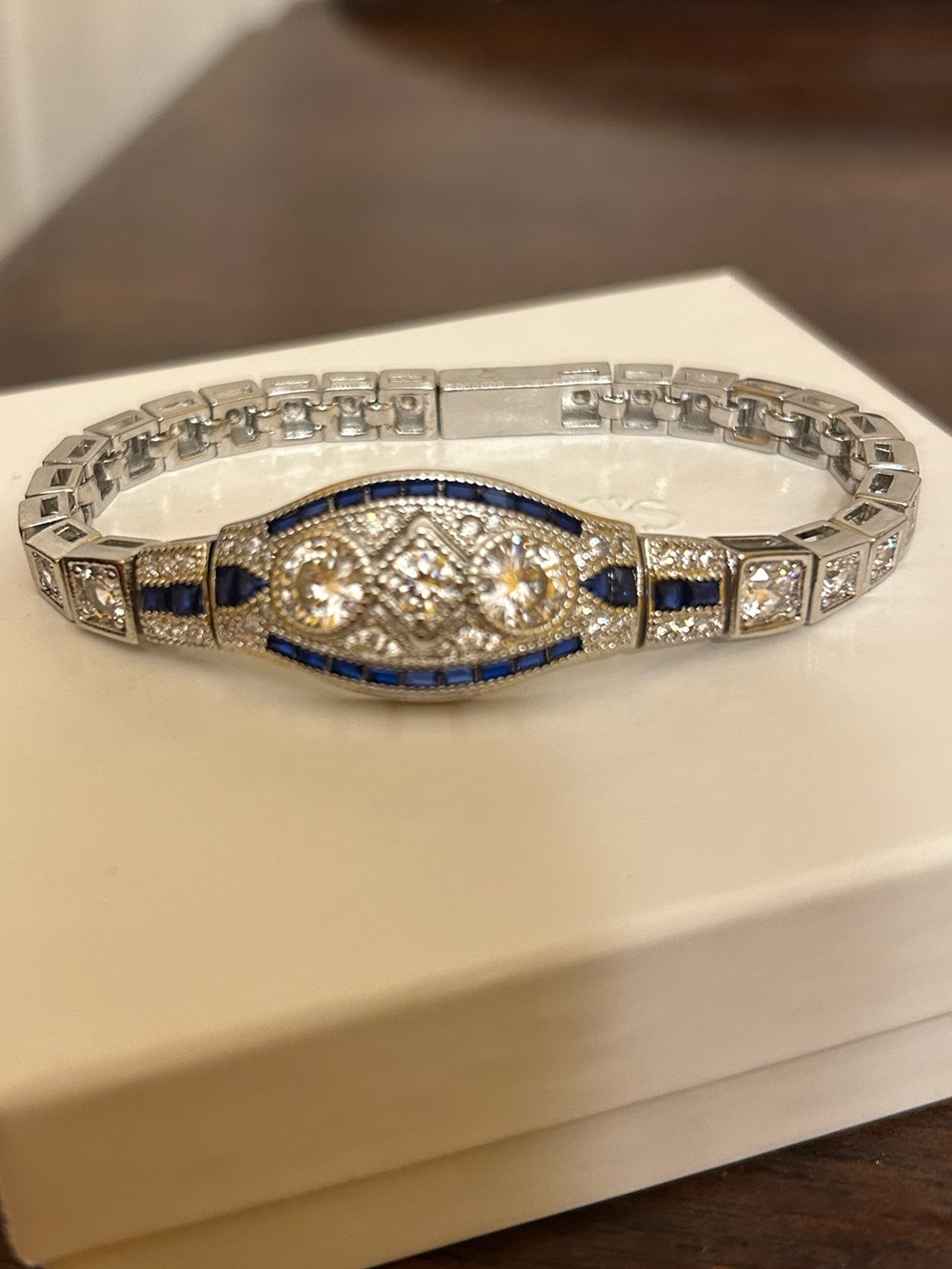 Silver-Tone Sapphire Blue & Clear Crystal Art Deco Inspired Bracelet No Mark NWT